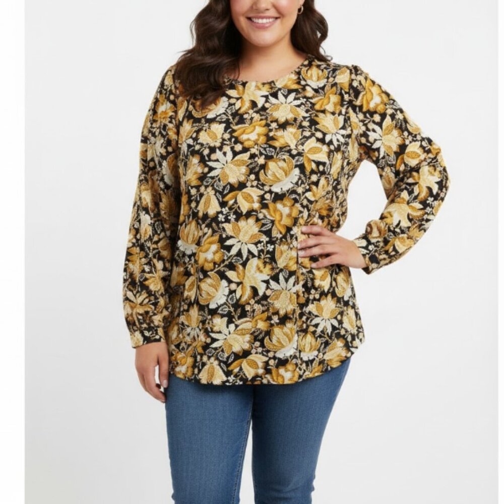 LOFT size XXL Black Yellow Floral Long Sleeve Feminine Popover Blouse Preppy